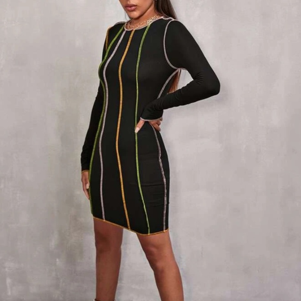 SHIEN body con dress with colorful stitching